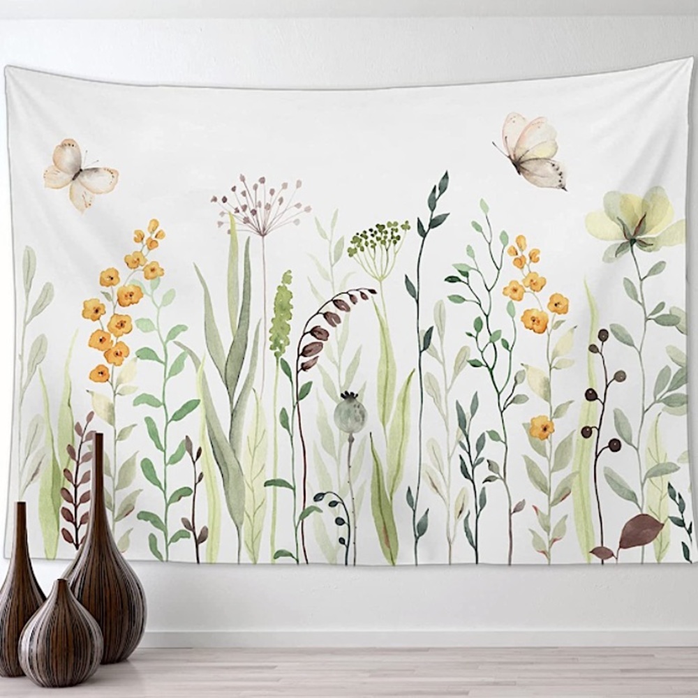 Botanical Flower Garden Plant Butterfly Neutral Modern Room/Dorm Decor Tapestry
